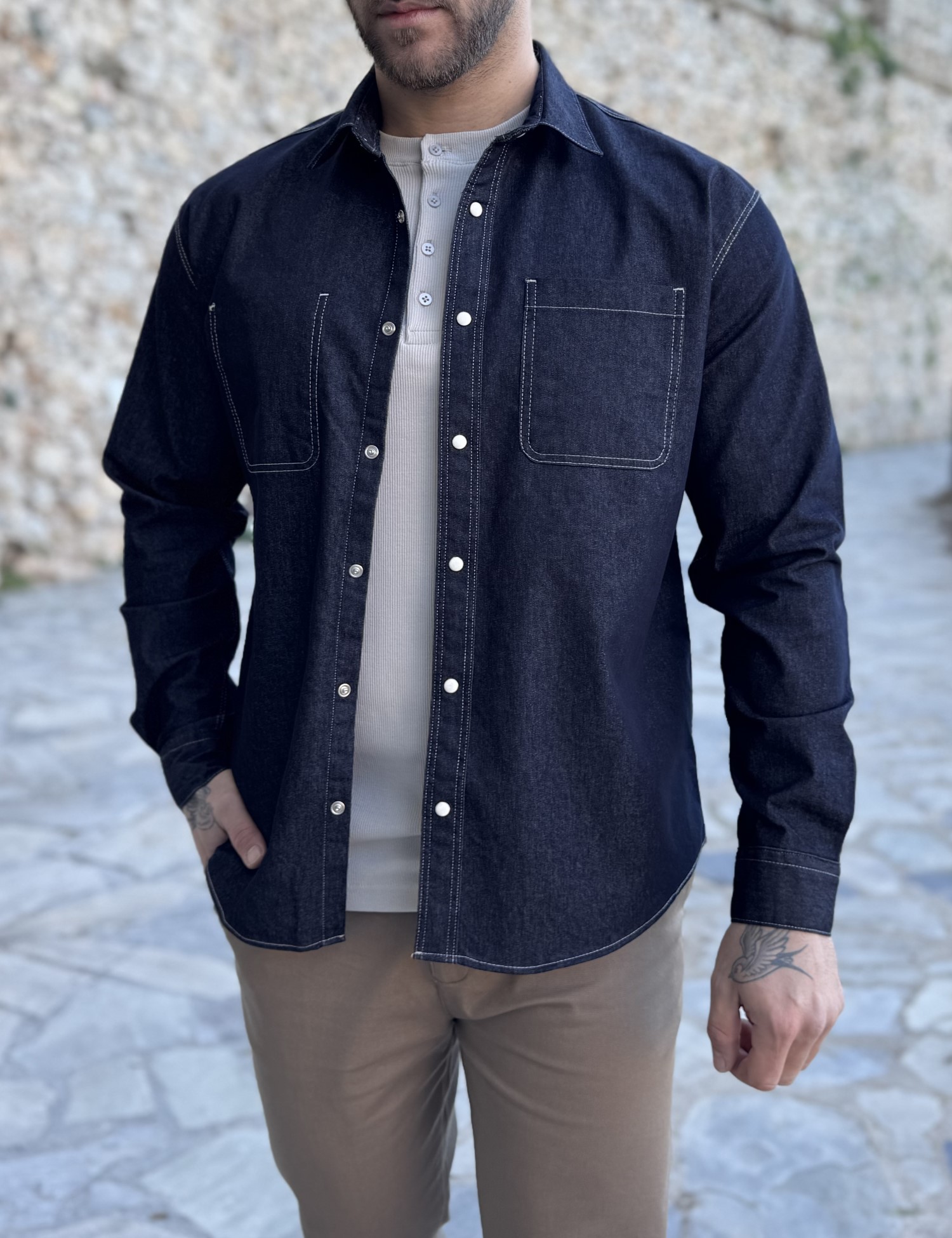 Marrakech ανδρικό μπλε πουκάμισο με τσέπες TST2779B